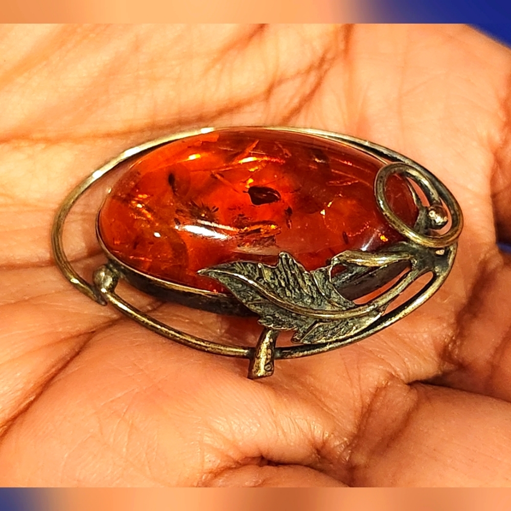 Antique Amber & Pewter brooch